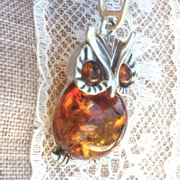 Baltic Amber Owl .925 Pendant Cognac Color Sterling Silver Genuine Large - Picture 14 of 14